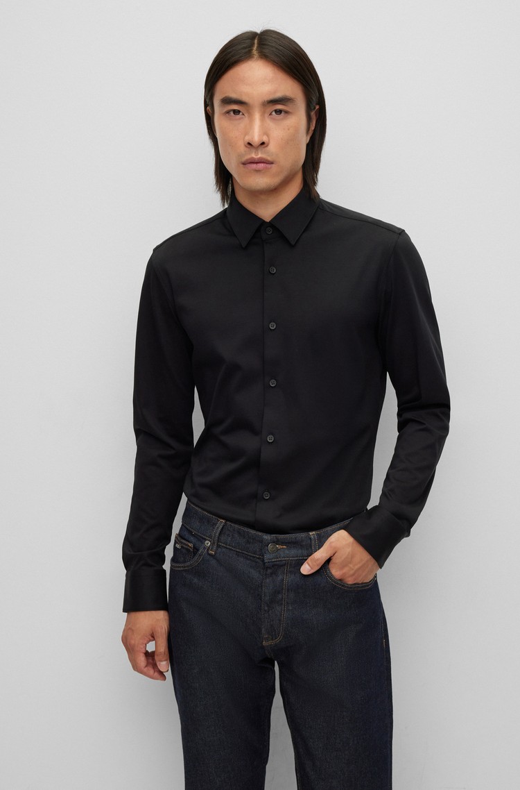 HUGO BOSS Performance-stretch slim-fit shirt in cotton-blend jersey Black 