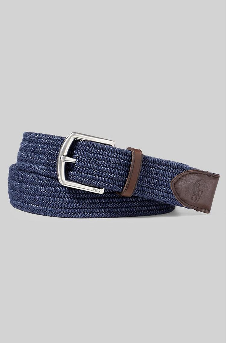 RALPH LAUREN Leather-trim Braided Belt Navy 