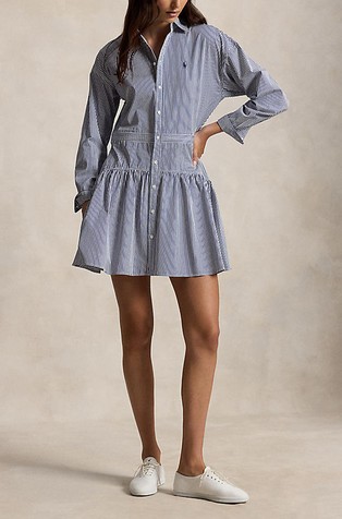 Črtasta srajčna obleka z naborkom iz bombažnega poplina