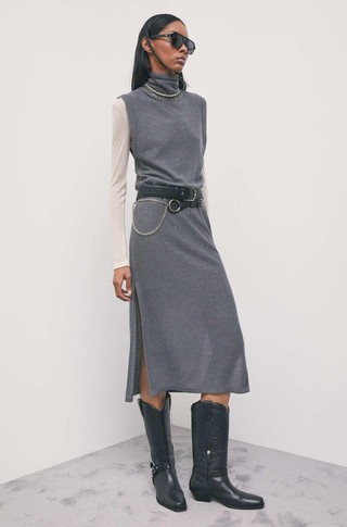 Belted midi knit dress with sequins