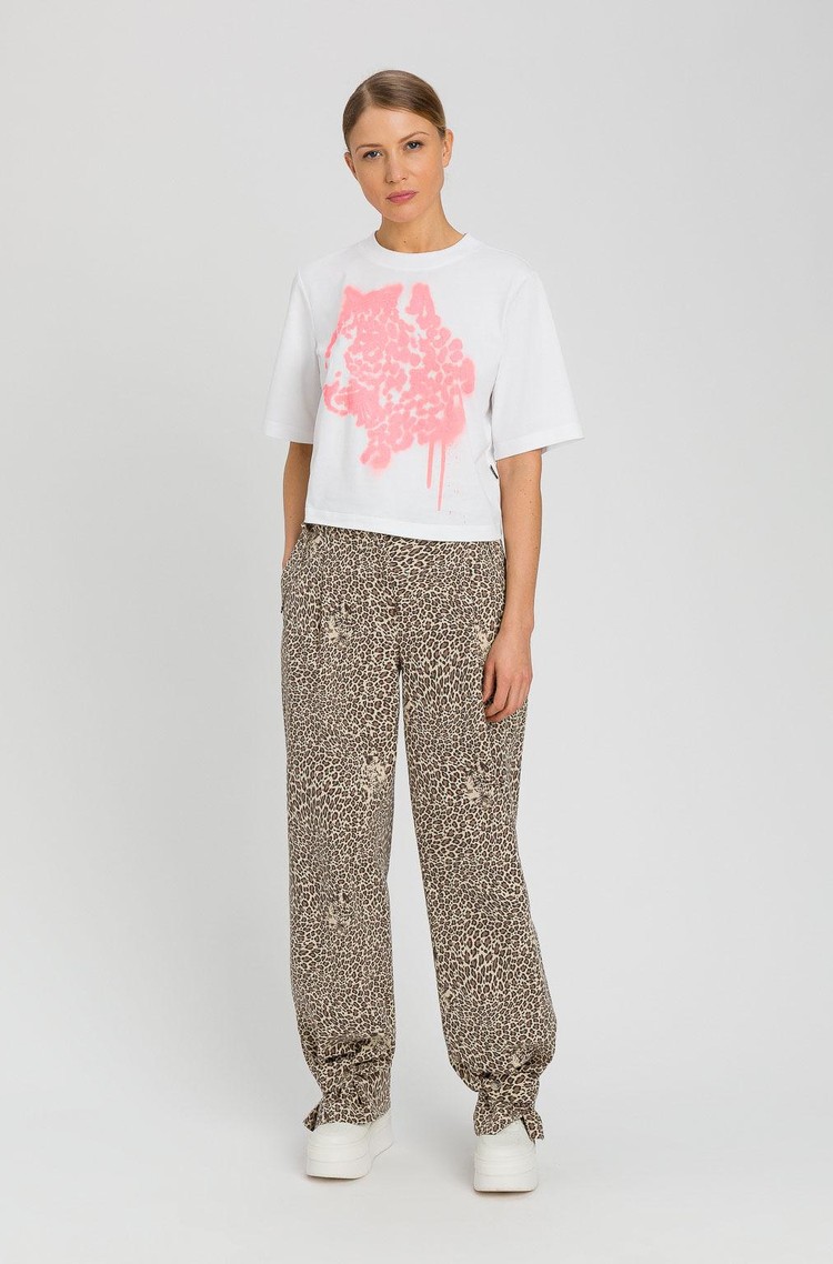 TWINSET Actitude x MYFO cotton T-shirt with print and sequins Coral Leopard Print 