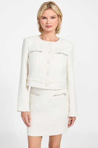 Wool-blend tweed jacket with rhinestones