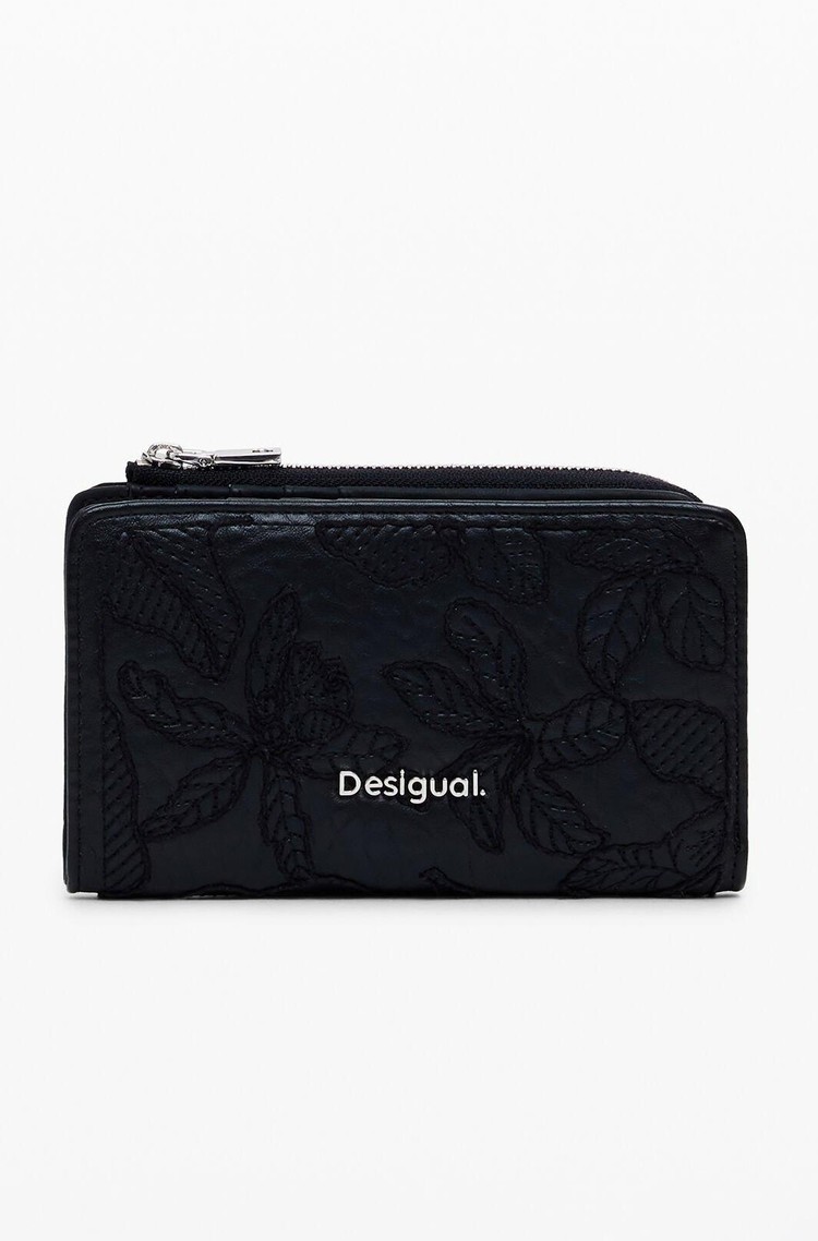 DESIGUAL Majhna denarnica z reliefnim vzorcem rož Črna - Black 