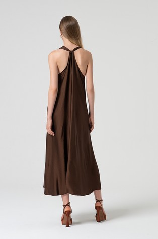 FRACOMINA Zvončasta viskozna obleka z V-izrezom Rjava - Brown 3