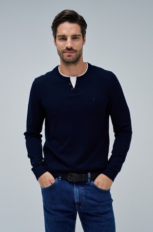 Knit sweater with henley collar