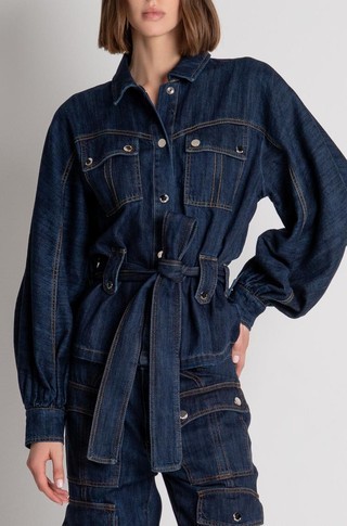 Oversized fit denim jakna s pasom za zavezovanje