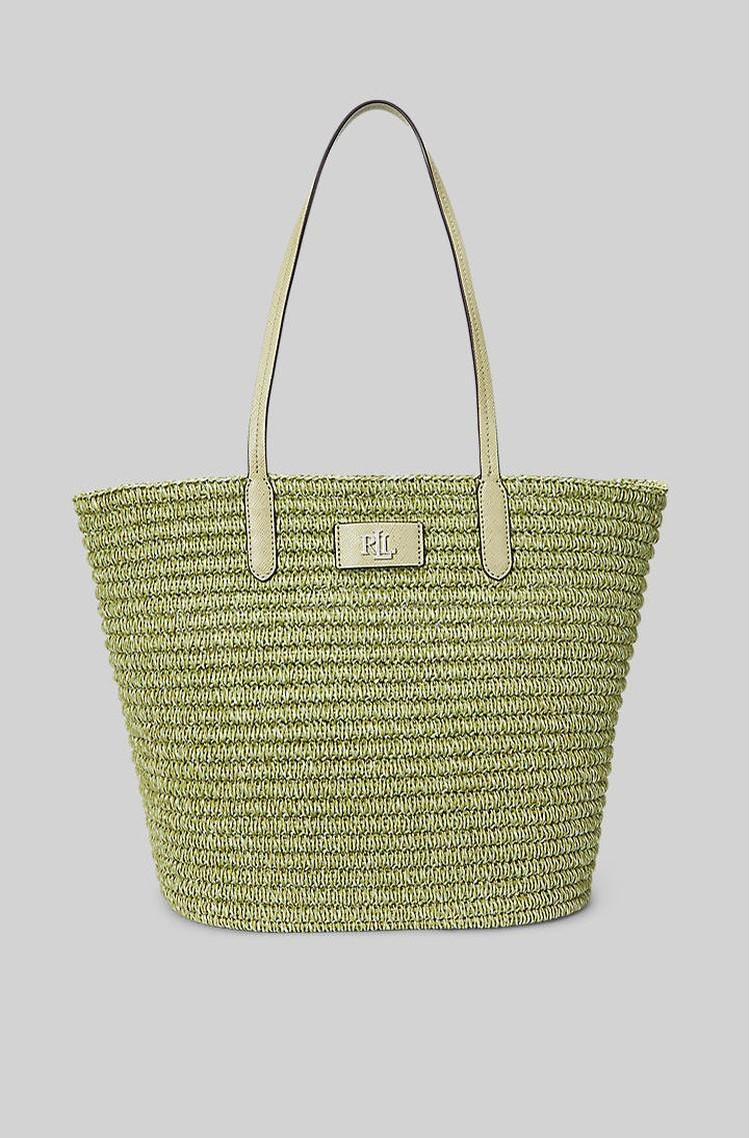 RALPH LAUREN Woven Straw Large Brie Tote Bag with Leather-trims Lght Olive Melange/Lght Olive 