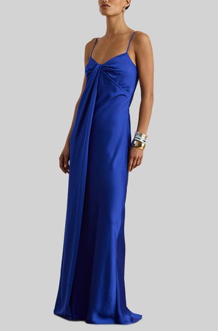 Dolga večerna obleka z naramnicami in zavitim detajlom