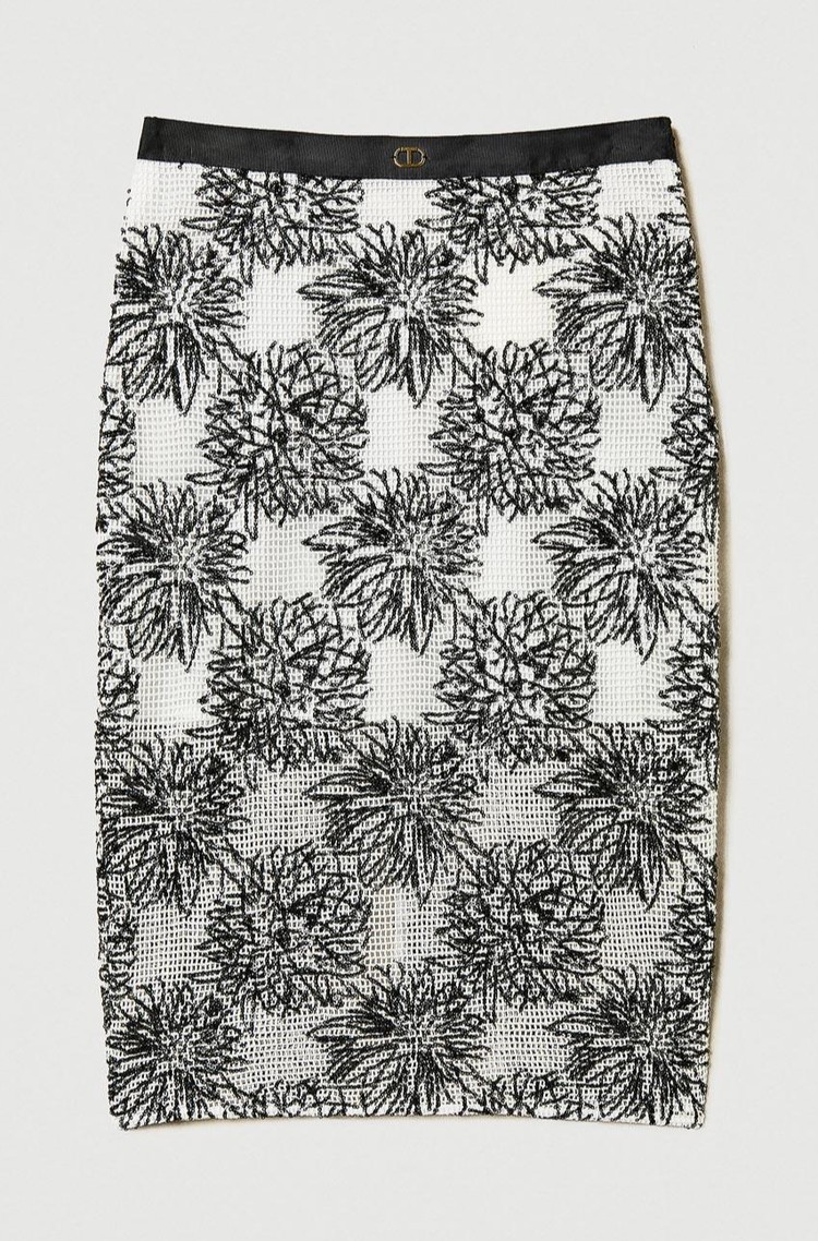 TWINSET Midi krilo s cvetličnim vzorcem iz bleščic Črna - Snow/Black Embroidery 