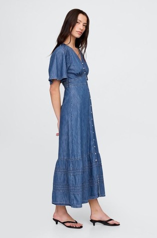 GAP Ženska dolga obleka z naborkom in plapolajočimi rokavi Modra - Medium Wash 3