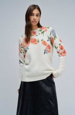 Pleten pulover s cvetličnim vzorcem