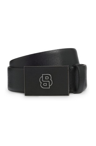 Leather belt with logo plaque buckle