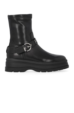 Leather ankle boots with stretch inserts and buckled tab