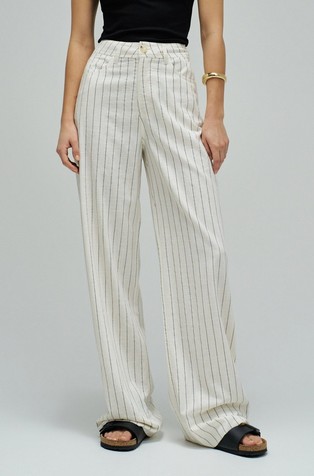 Črtaste široke hlače iz mešanice z lanom