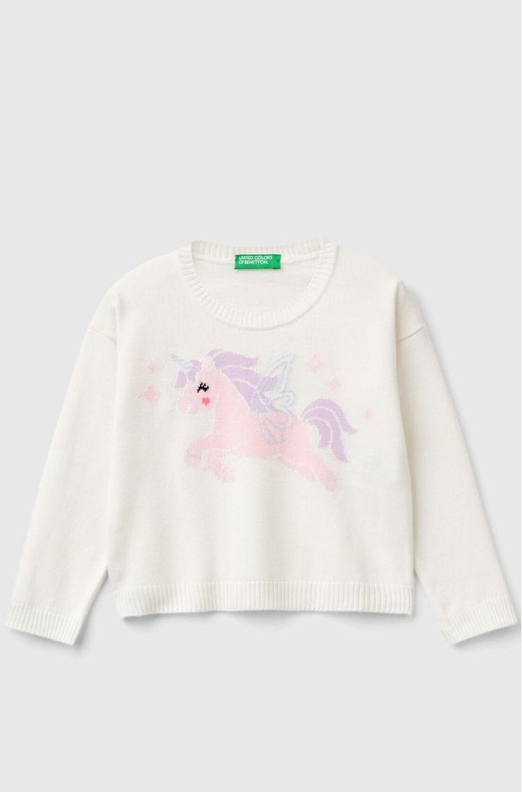 BENETTON Sweater with unicorn inlay Creamy White 