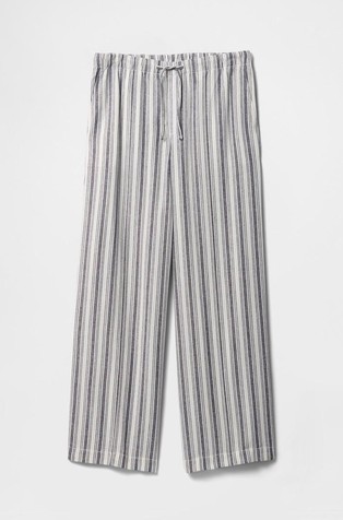 GAP Mid Rise Linen-Blend Pull-On Wide-Leg Pants Blue White Stripe 7