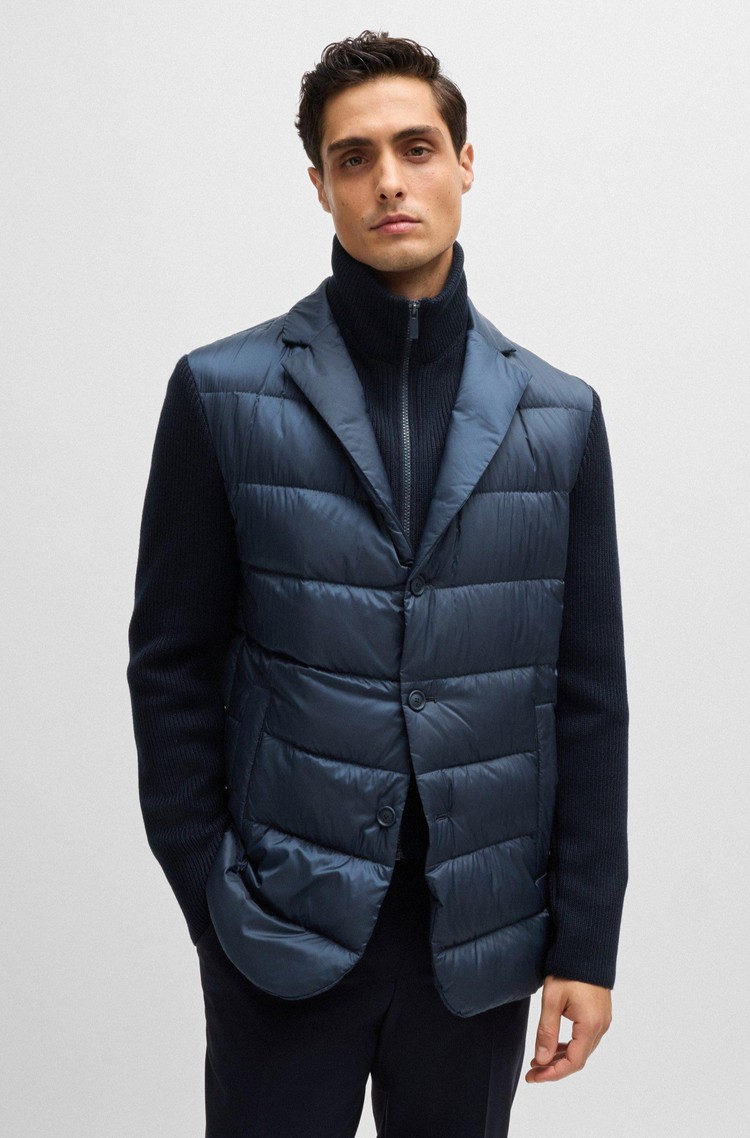 HUGO BOSS Hibridna slim fit jakna s pletenim vstavkom Modra - Blue 