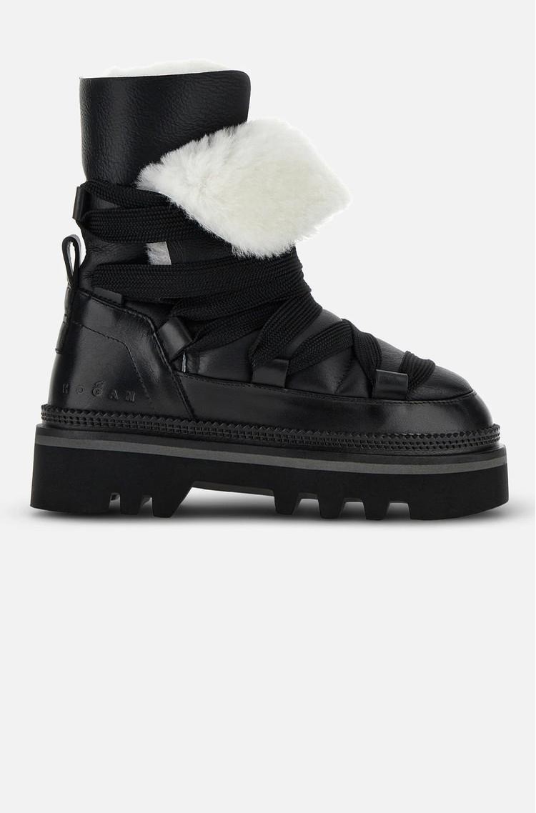 HOGAN H675 Women's Leather Boots with Fur Lining Black 