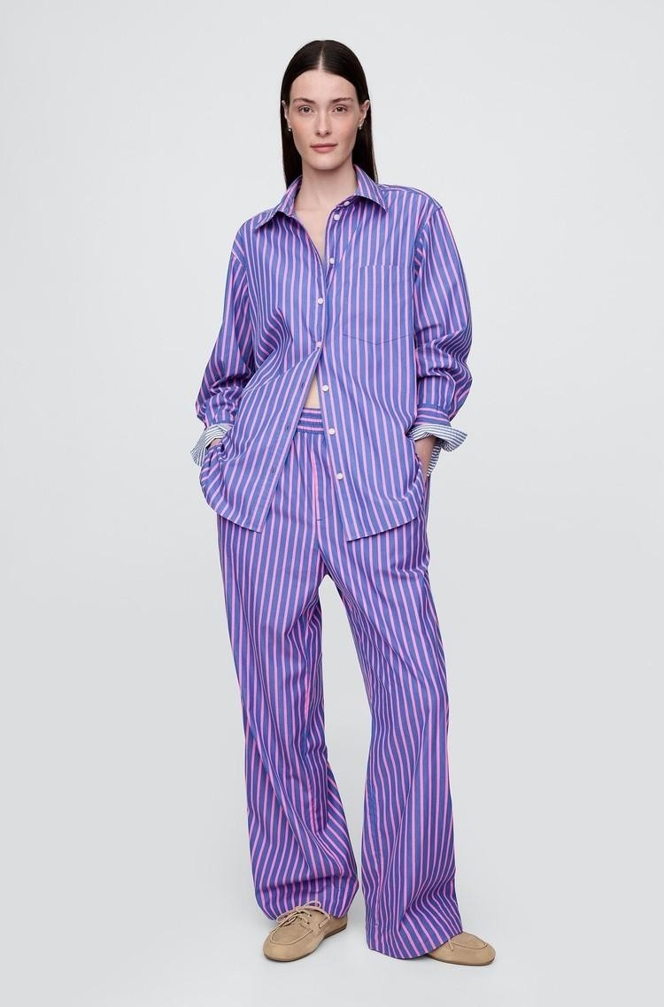 GAP Organic Cotton Poplin Easy Wide-Leg Pants Pink And Blue Stripe 
