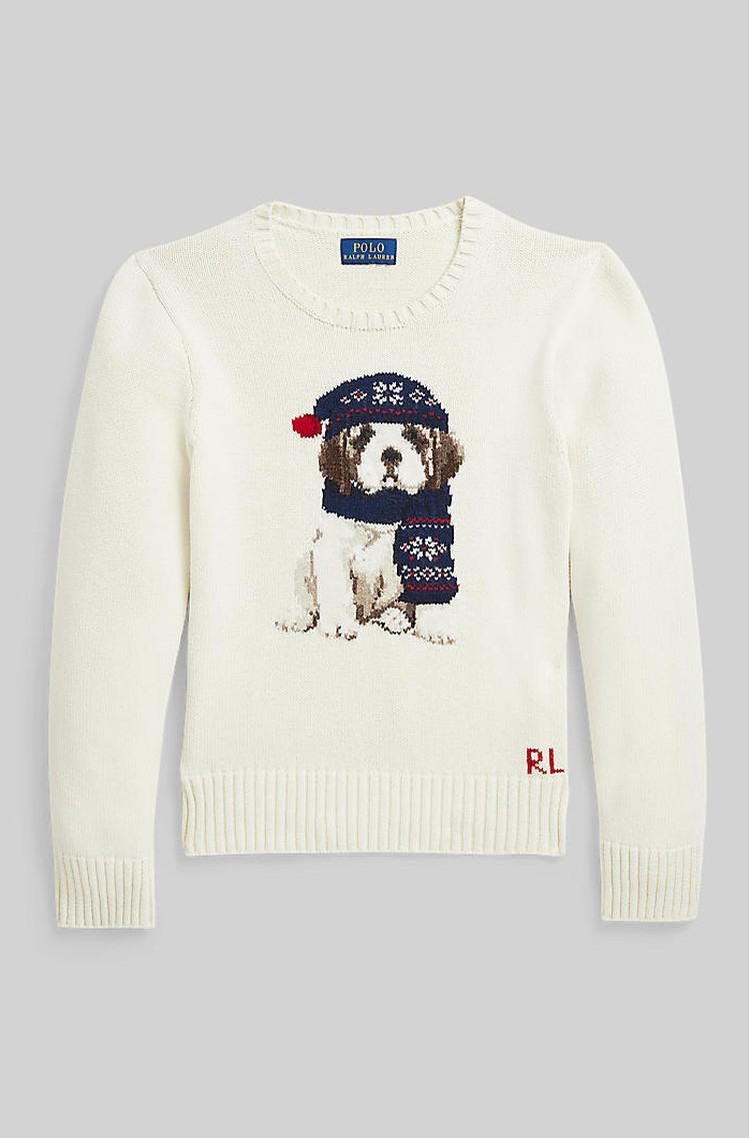 RALPH LAUREN Pleten pulover s pasjim motivom Bela - Herbal Milk 