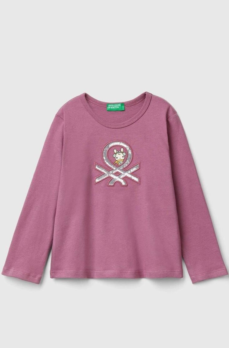 BENETTON T-shirt with logo and sequins Dark Mauve 