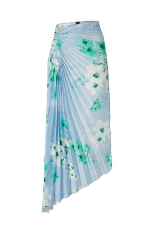 Asymmetric plissé skirt with floral pattern