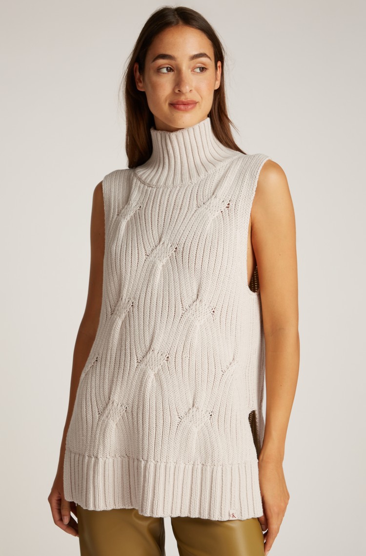 CALVIN KLEIN Cable Knit Long Sweater Vest Beige 