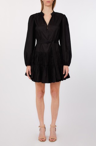 Short muslin dress with flounces and belt