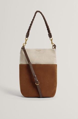 Woven Handle Medium Suede Bucket Bag