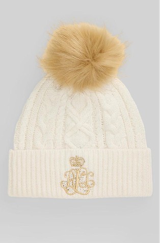 Embroidered Pom-pom Cable-knit Beanie