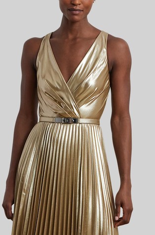 RALPH LAUREN Belted Metallic Chiffon Surplice Gown Tan/Lt Gold Foil 3