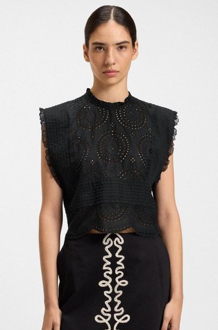 Cropped bombažna bluza z vezeninami in plisiranim vstavkom