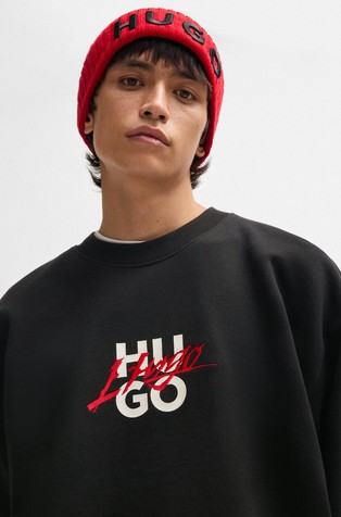 HUGO BOSS Relaxed fit bombažen pulover z dvojnim logotipom Črna - Black 3