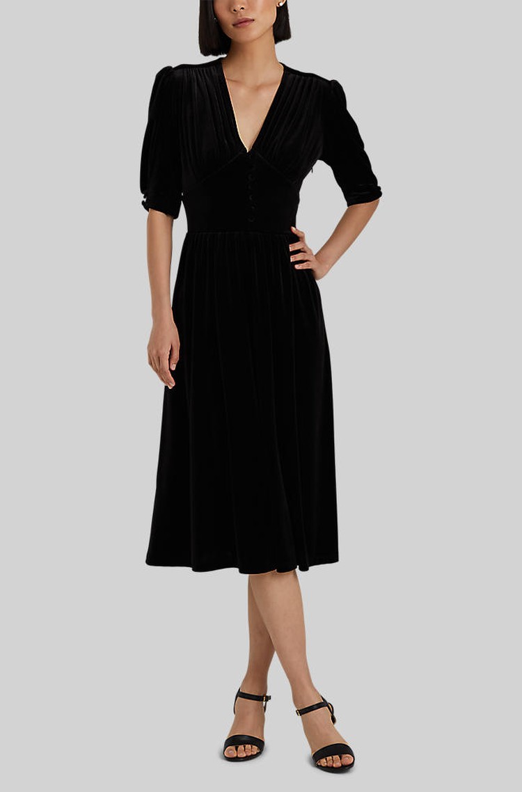 RALPH LAUREN Puff-Sleeve Velvet Dress Black 