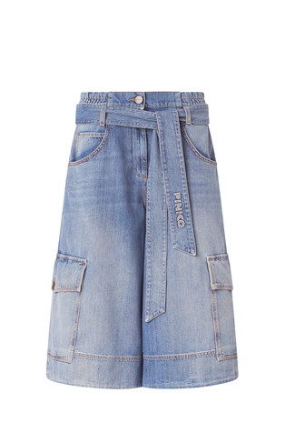 Flared denim bermuda cargo shorts with belt