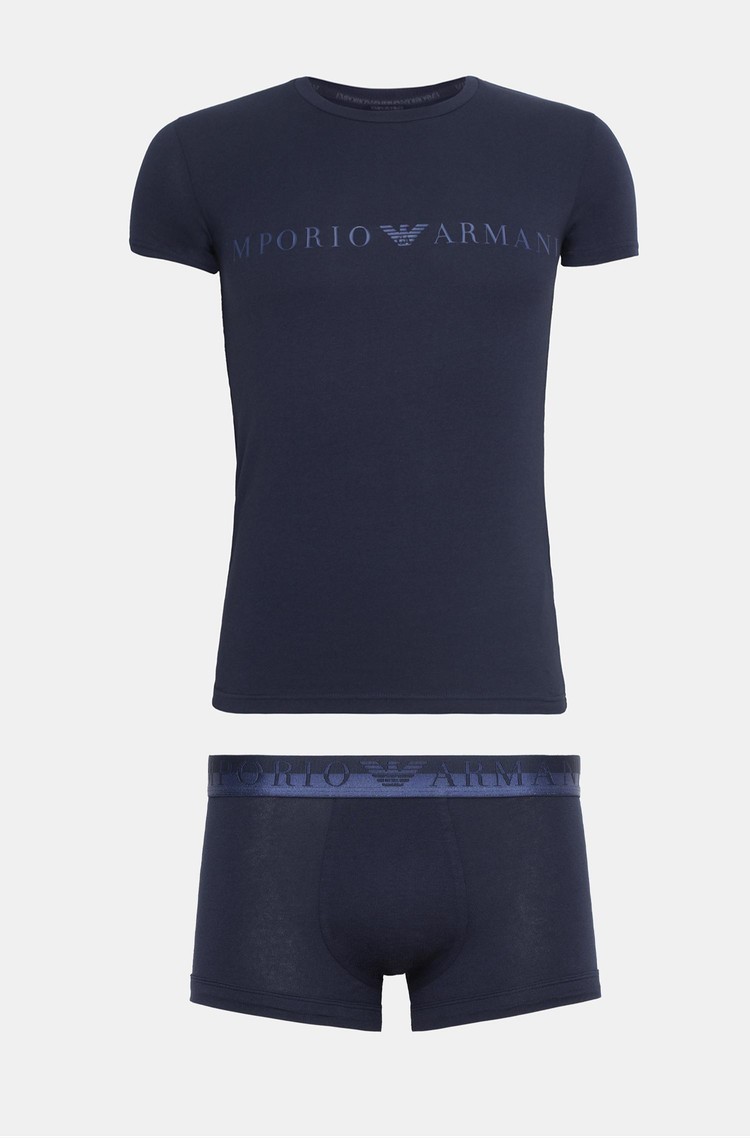 EMPORIO ARMANI Stretch cotton underwear set with T-shirt and trunks Blue 