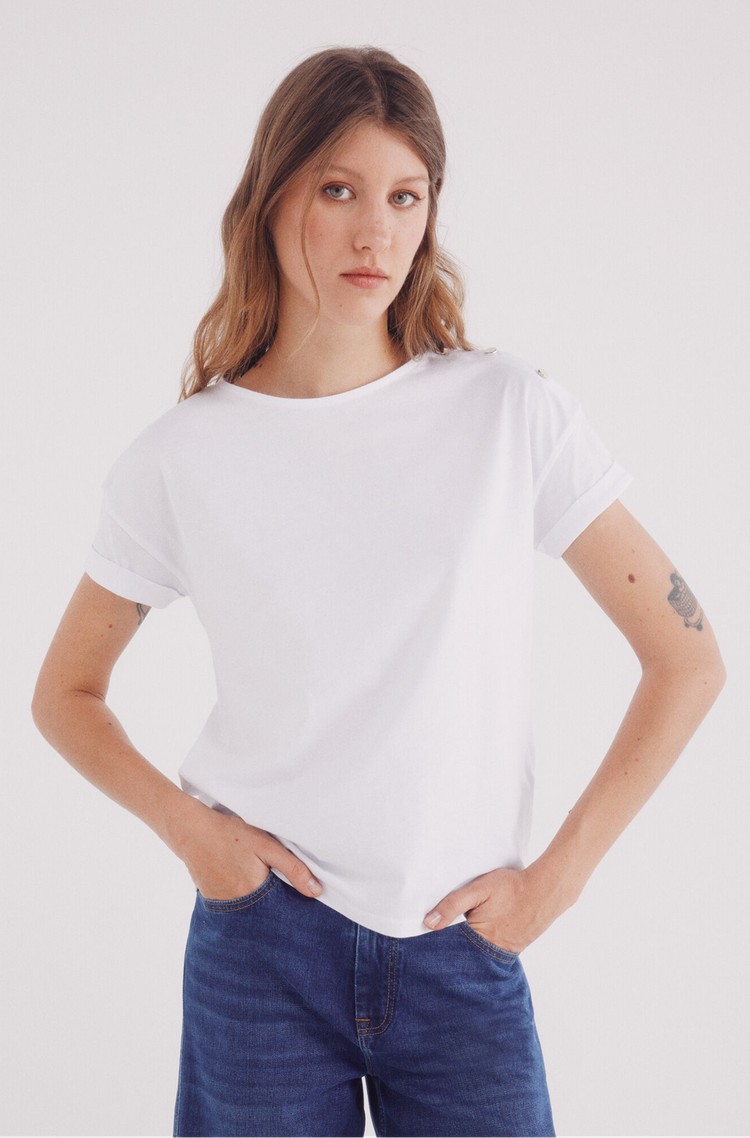 SPRINGFIELD Cotton T-shirt with decorative buttons White 