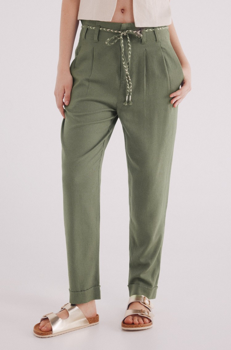 SPRINGFIELD Viscose and linen blend trousers with braided belt Green 