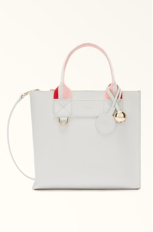 Manjša usnjena tote torbica s črtastima ročajema