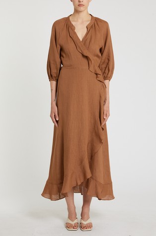 Lanena midi obleka na preklop