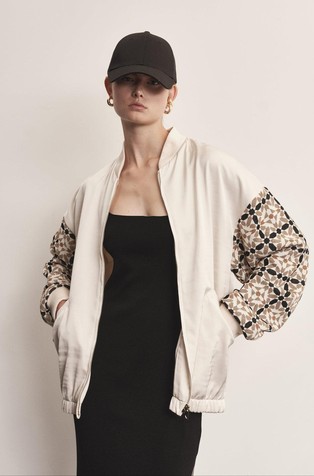 Oversized bomber jacket with jacquard sleeves