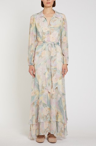 Long floral georgette dress with flounces