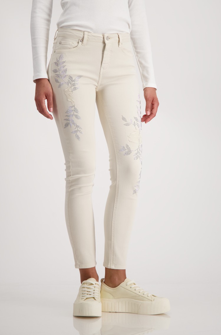 MONARI Skinny fit embellished trousers in stretch cotton Sandshell 