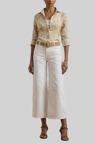 RALPH LAUREN Relaxed Fit Floral Linen Shirt Cream/Tan 4