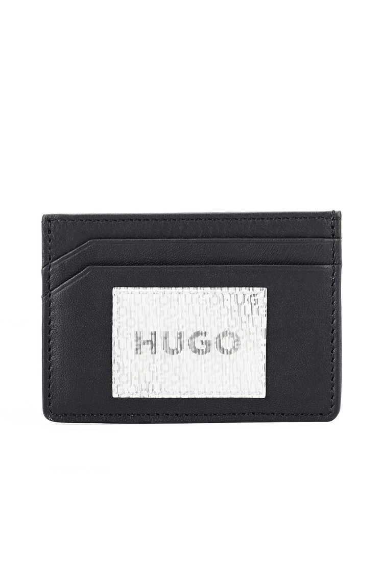 HUGO BOSS Usnjena denarnica za kartice z logo našitkom Črna - Black 