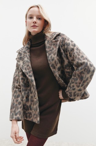 Krajša jakna iz volnene mešanice z leopardjim vzorcem