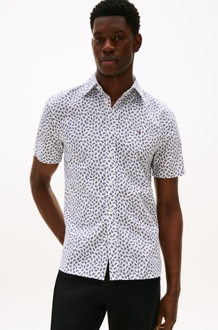 Patterned short-sleeved shirt in cotton and linen blend