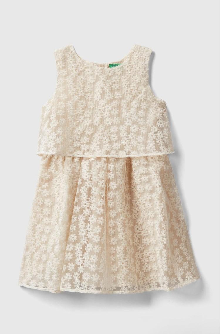 BENETTON Kratka obleka z vezenimi rožicami Bež - Beige 