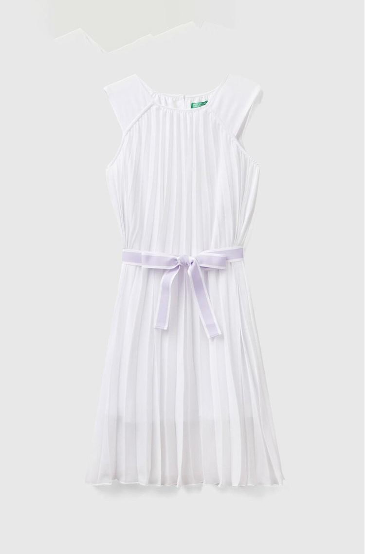 BENETTON Plisirana obleka s pasom Bela - White 