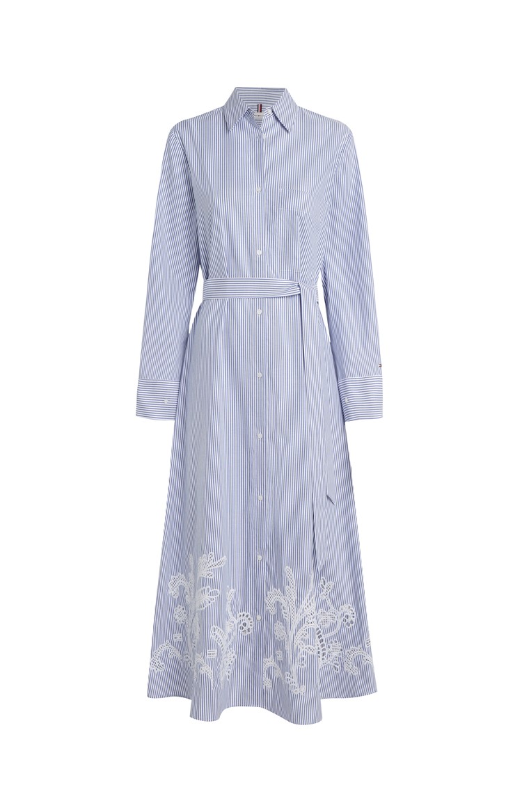 TOMMY HILFIGER Fit and flare srajčna obleka z luknjičastimi vezeninami Modra - Blue / White 